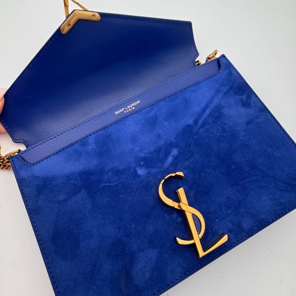 SAINT LAURENT Snooth Calfskin Suede Monogram Cassandra Clasp Bag Bleu Saphr - Picture 12 of 13